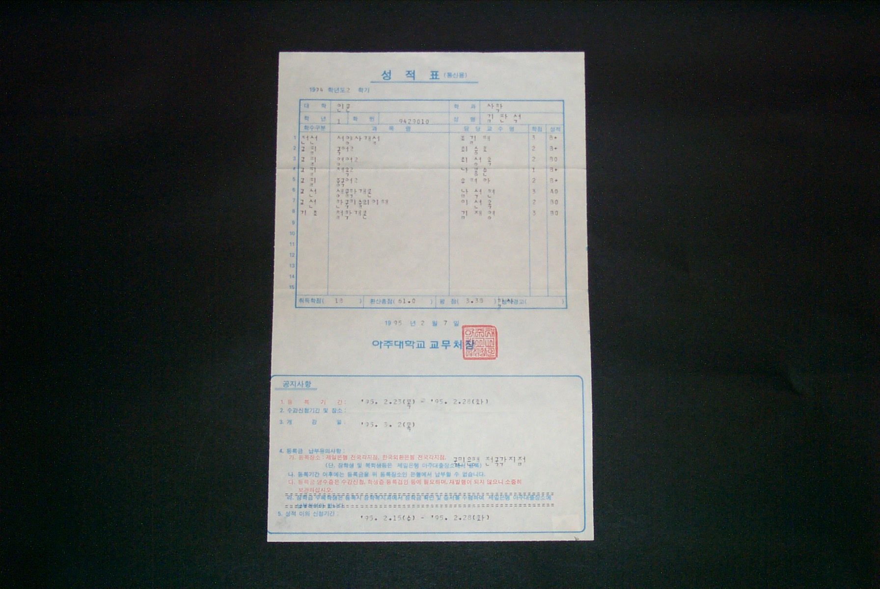 411-1 1994 제2학기 성적표(사학과)