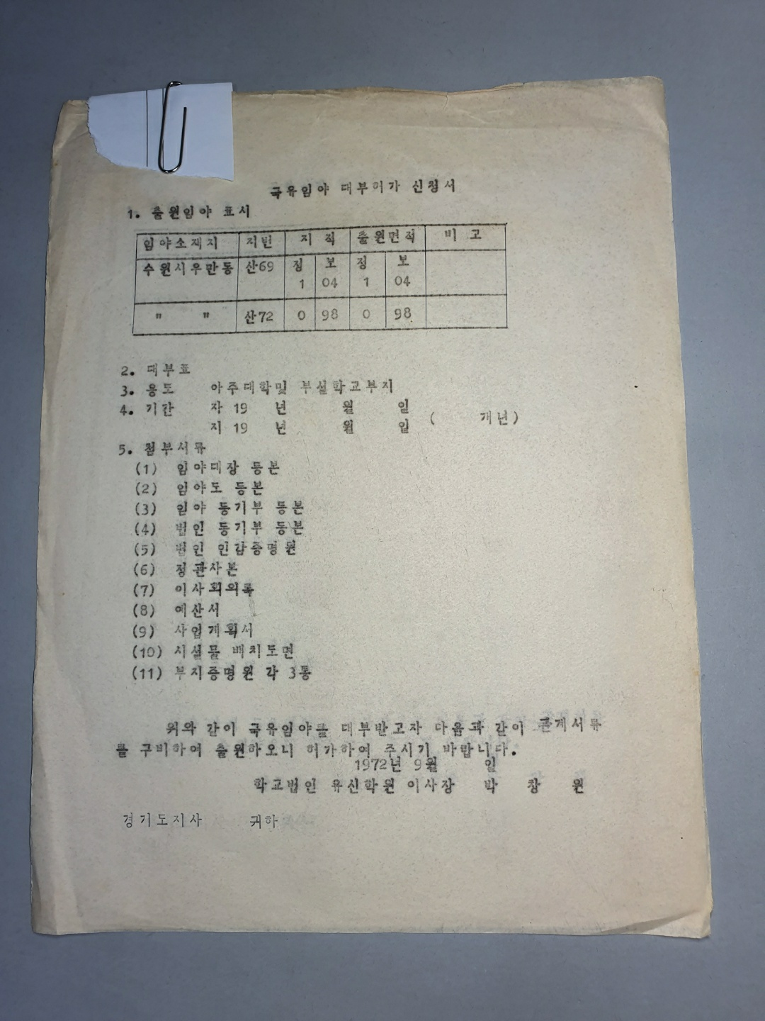 890-8 1972 국유임야 대부허가 신청서